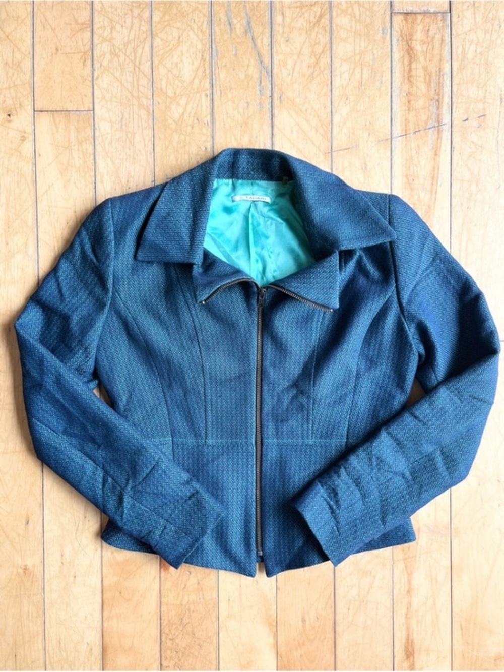 Tahari Modern Structure Teal Contrast Lining Zip-Front Blazer Jacket Size 6